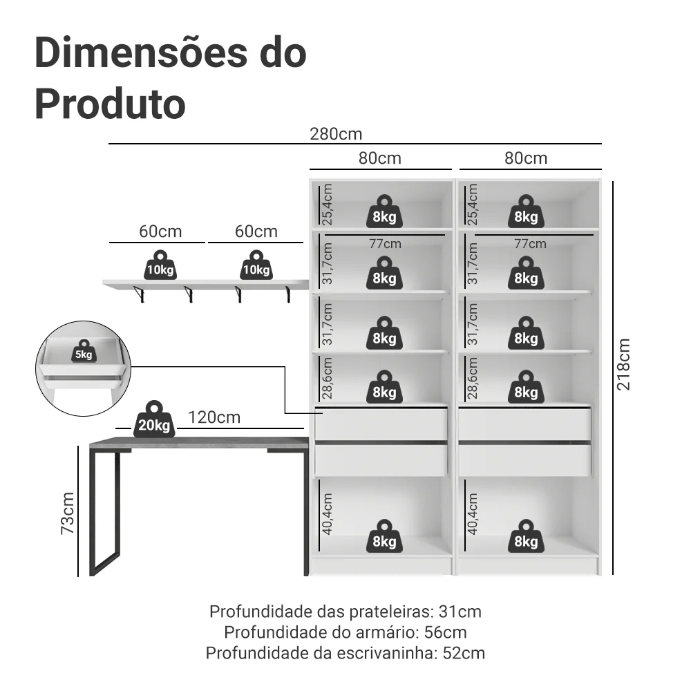 Conjunto Home Office 2 Armários Neo 1 Escrivaninha 2 Prateleiras Branco Madesa - Image 3