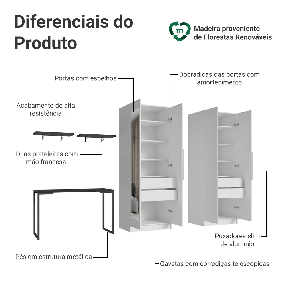 Conjunto Home Office 2 Armários Neo com Espelhos 1 Escrivaninha 2 Prateleiras Branco/Nero Madesa - Image 4