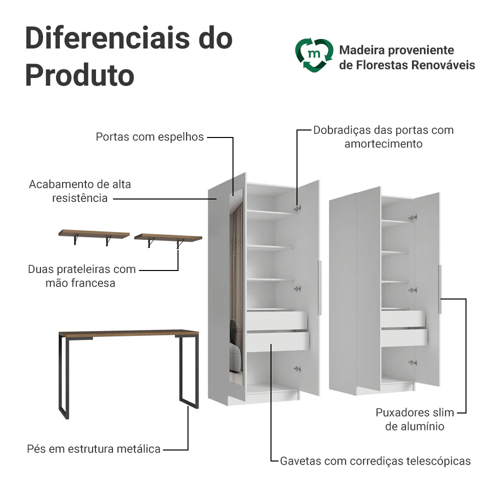 Conjunto Home Office 2 Armários Neo com Espelhos 1 Escrivaninha 2 Prateleiras Branco/Rustic Madesa - Image 4