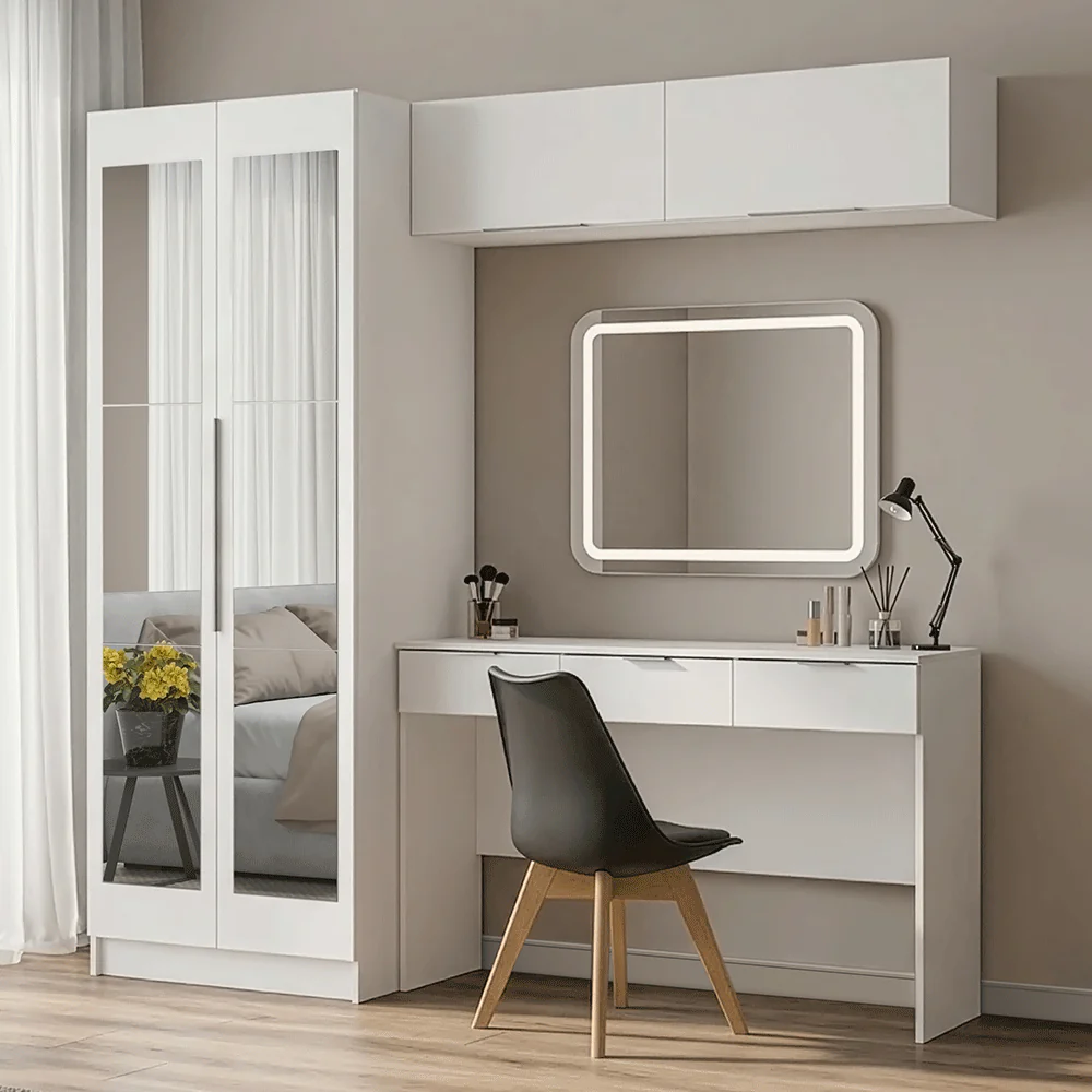Conjunto Quarto 1 Penteadeira 2 Aéreos 1 Guarda-Roupa com Espelhos 2 Portas Neo Branco Madesa