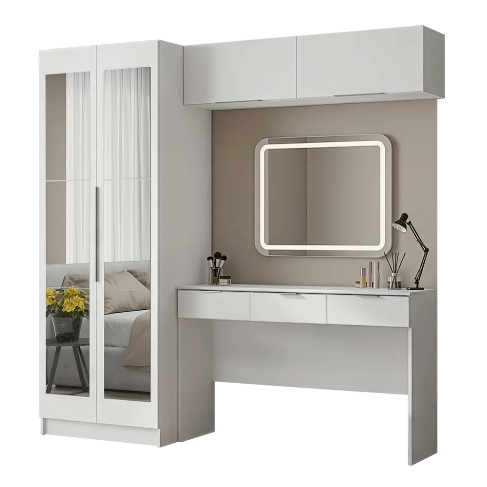 Conjunto Quarto 1 Penteadeira 2 Aéreos 1 Guarda-Roupa com Espelhos 2 Portas Neo Branco Madesa - Image 2