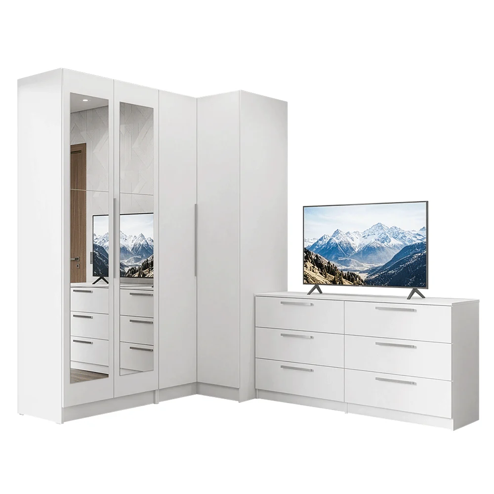 Conjunto Quarto com 2 Guarda-Roupas com Espelhos Neo 1 Cômoda/Móvel para TV Branco Madesa - Image 2