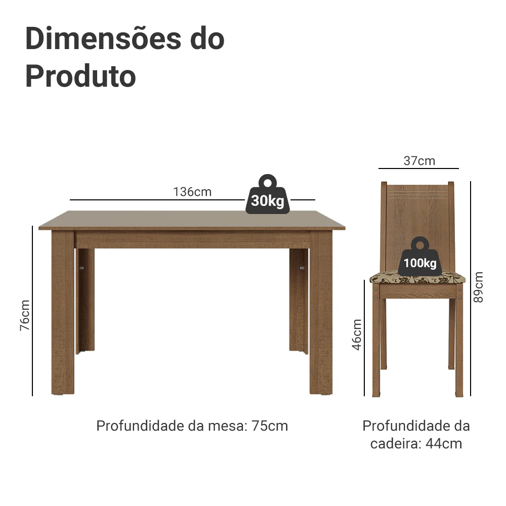 Conjunto Sala de Jantar Amora Mesa Tampo de Madeira 4 Cadeiras Rustic/Crema/Bege Marrom Madesa - Image 3