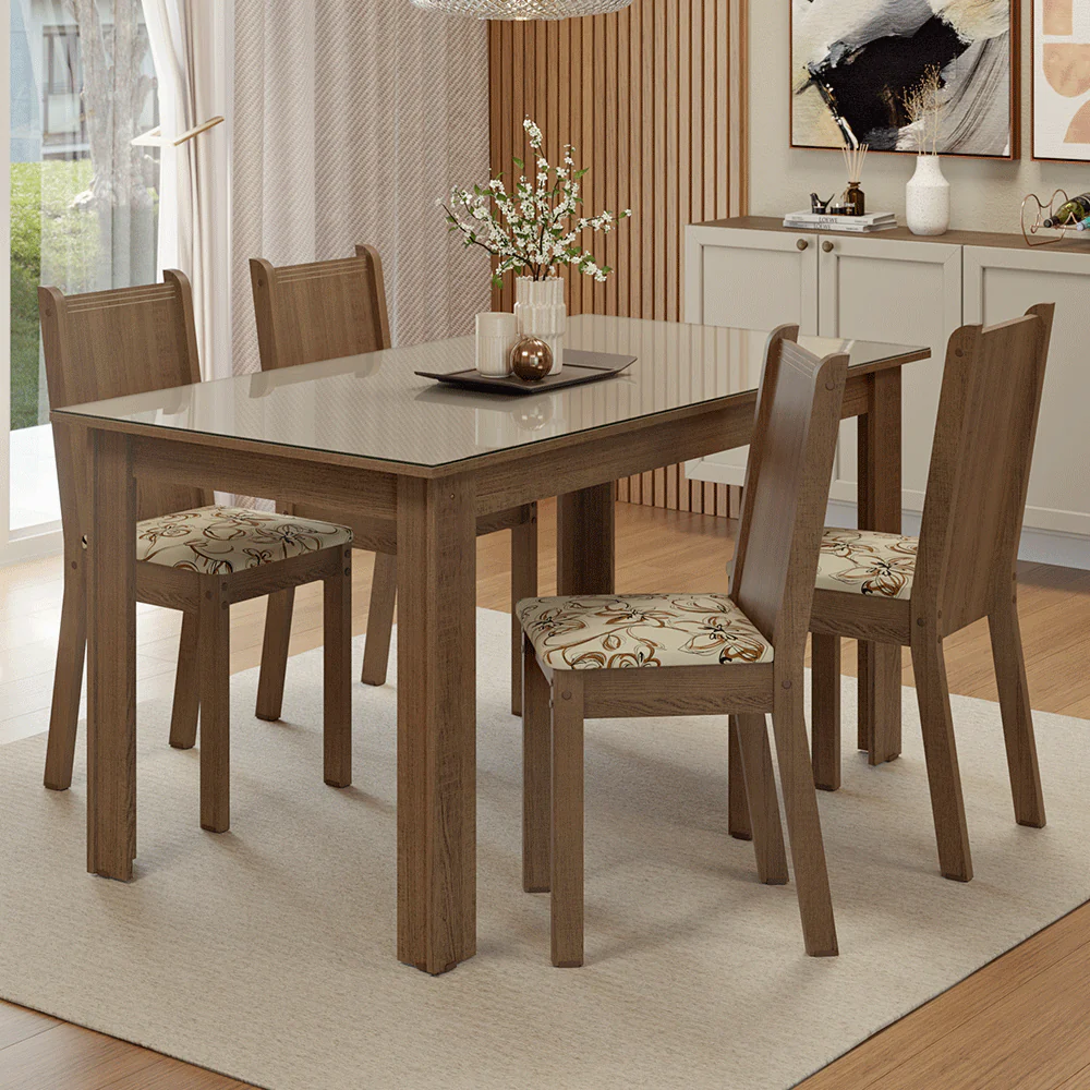 Conjunto Sala de Jantar Avelã Mesa Tampo de Vidro 4 Cadeiras Rustic/Crema/Lírio Bege Madesa