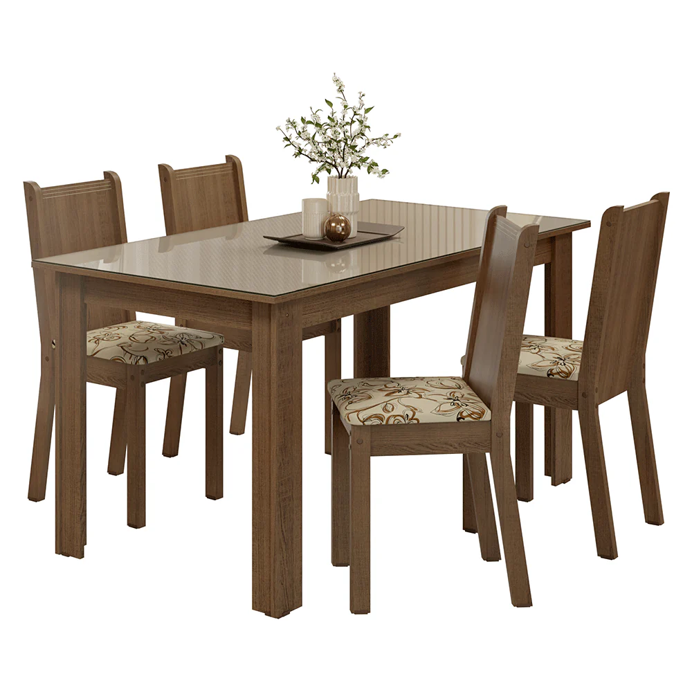 Conjunto Sala de Jantar Avelã Mesa Tampo de Vidro 4 Cadeiras Rustic/Crema/Lírio Bege Madesa - Image 2