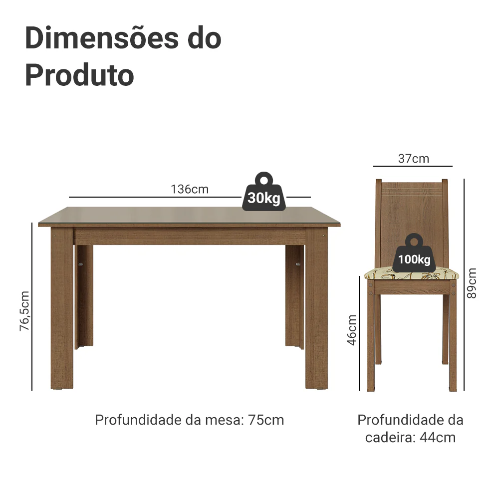 Conjunto Sala de Jantar Avelã Mesa Tampo de Vidro 4 Cadeiras Rustic/Crema/Lírio Bege Madesa - Image 3