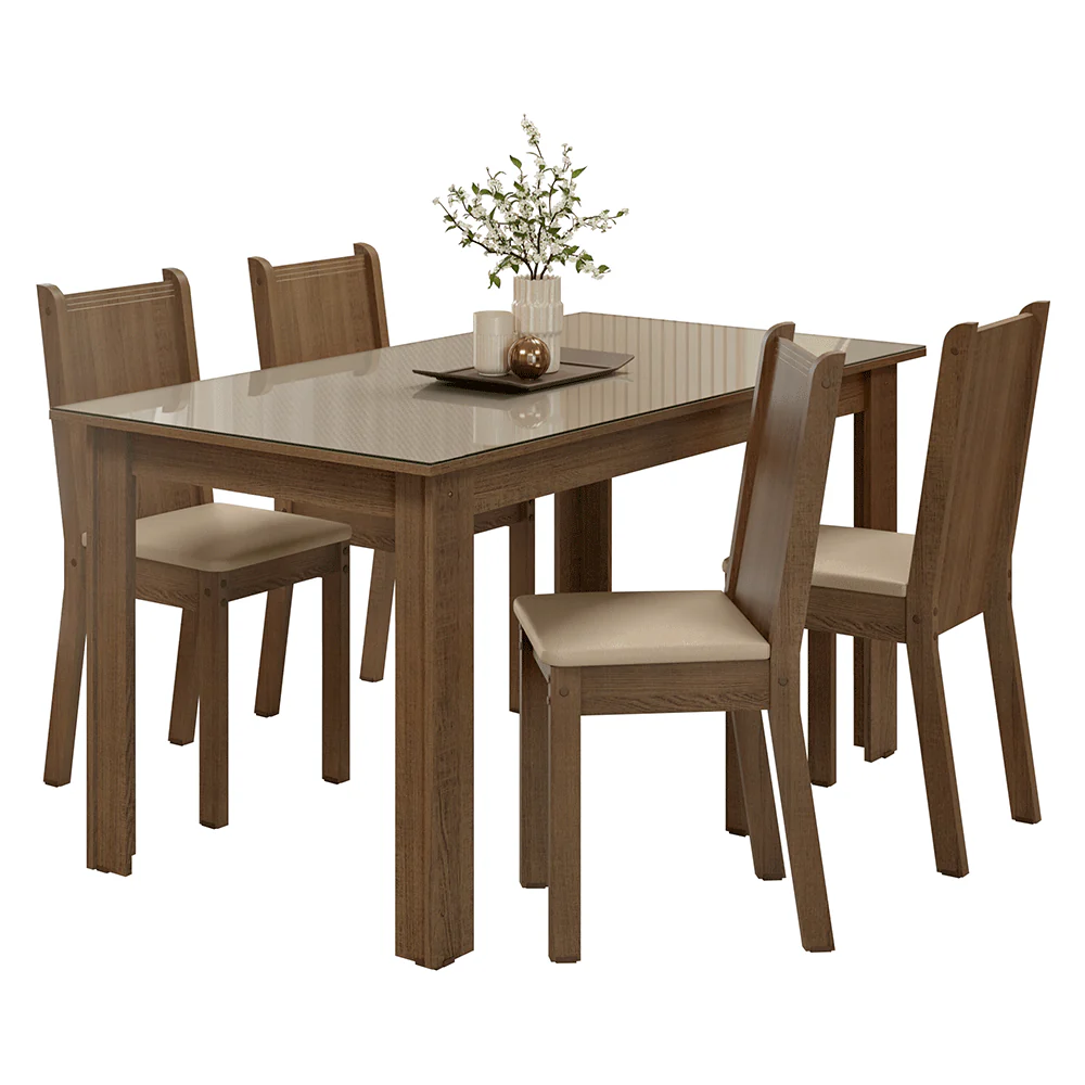 Conjunto Sala de Jantar Avelã Mesa Tampo de Vidro 4 Cadeiras Rustic/Crema/Sintético Bege Madesa - Image 2