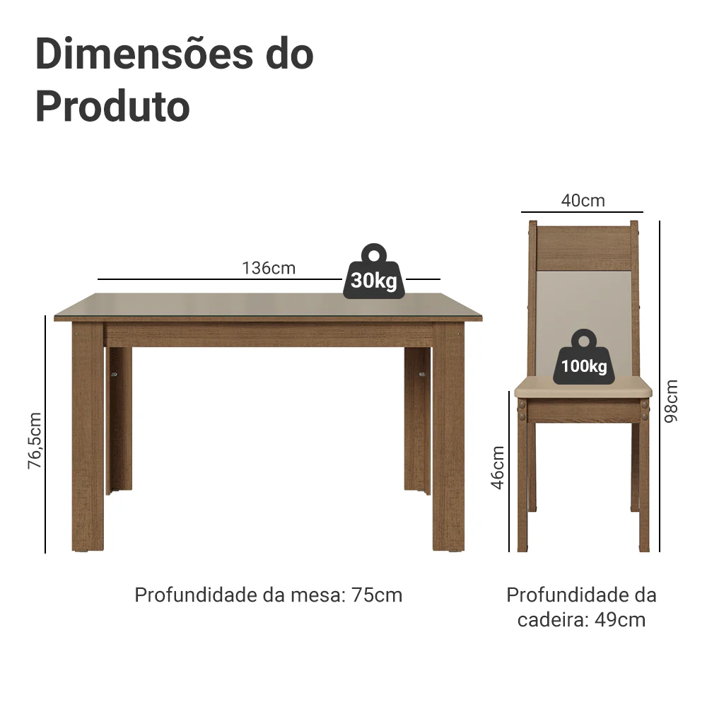 Conjunto Sala de Jantar Canela Mesa Tampo de Vidro 4 Cadeiras Rustic/Crema/Sintético Bege Madesa - Image 3