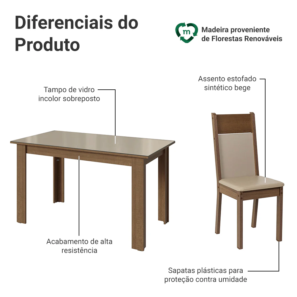 Conjunto Sala de Jantar Canela Mesa Tampo de Vidro 4 Cadeiras Rustic/Crema/Sintético Bege Madesa - Image 4