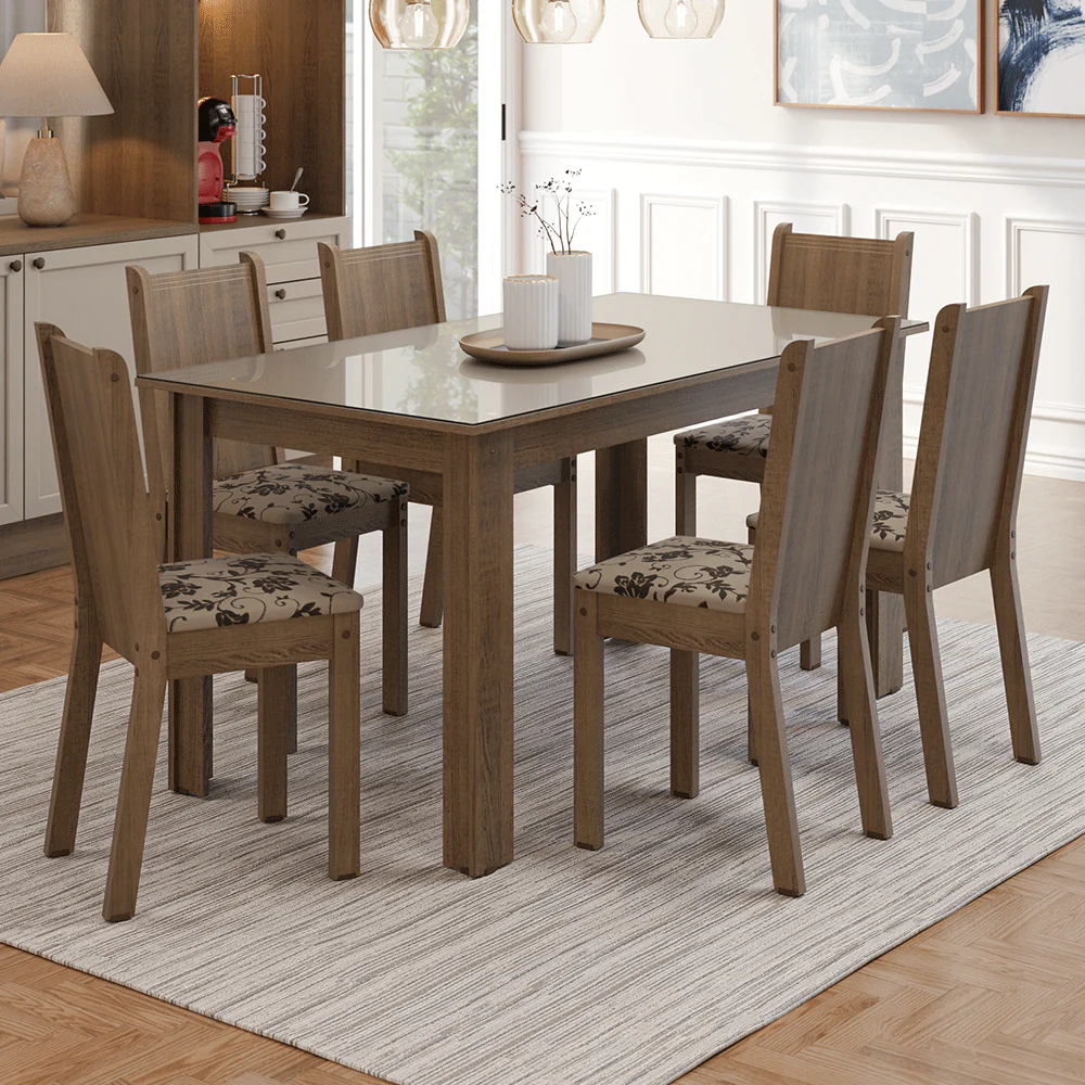 Conjunto Sala de Jantar Cereja Mesa Tampo de Vidro 6 Cadeiras Rustic/Crema/Bege Marrom Madesa