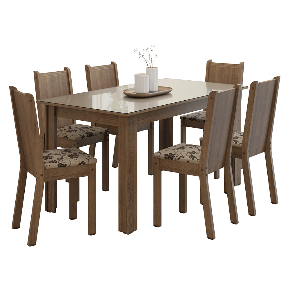 Conjunto Sala de Jantar Cereja Mesa Tampo de Vidro 6 Cadeiras Rustic/Crema/Bege Marrom Madesa - Image 2