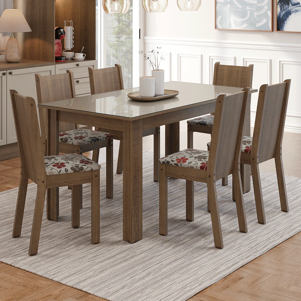 Conjunto Sala de Jantar Cereja Mesa Tampo de Vidro 6 Cadeiras Rustic/Crema/Floral Hibiscos Madesa