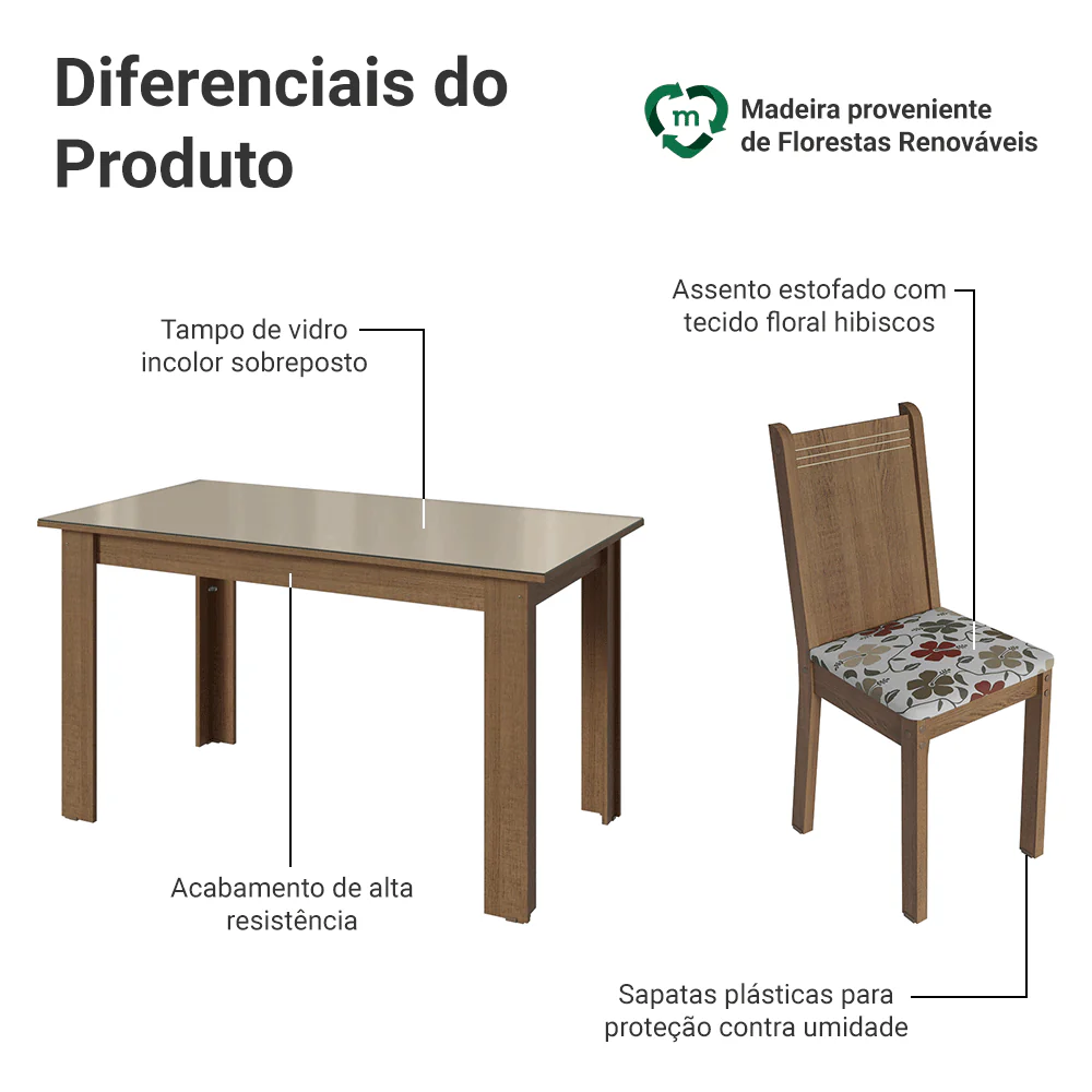Conjunto Sala de Jantar Cereja Mesa Tampo de Vidro 6 Cadeiras Rustic/Crema/Floral Hibiscos Madesa - Image 4