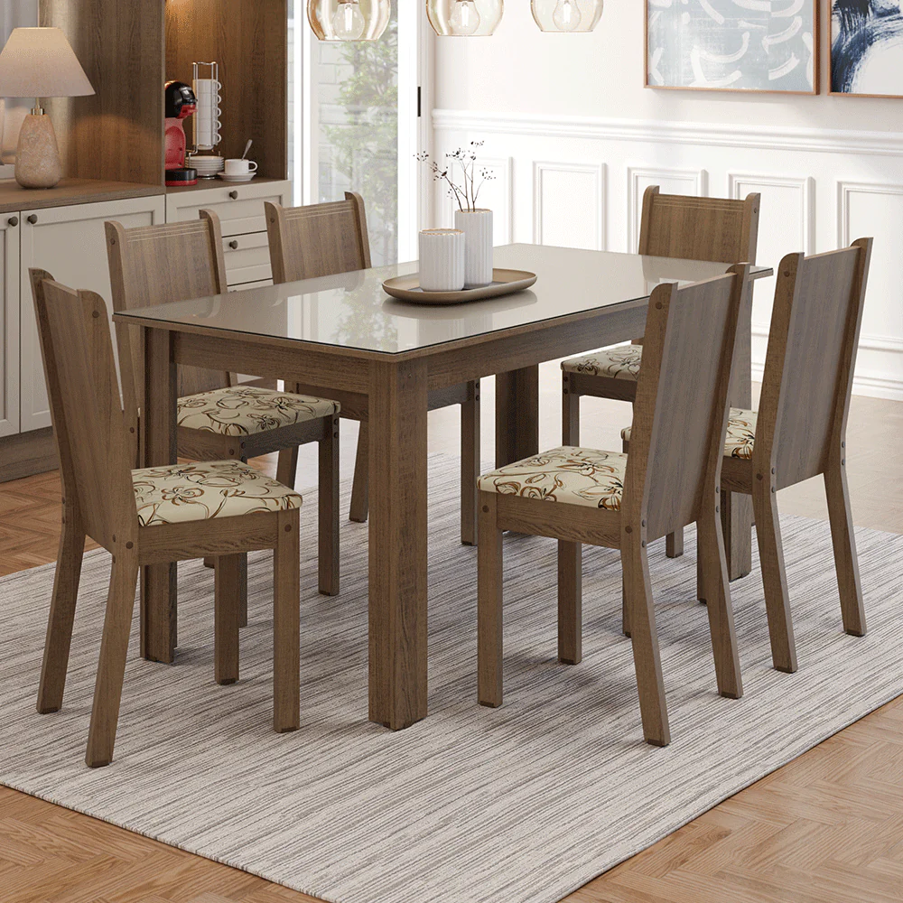 Conjunto Sala de Jantar Cereja Mesa Tampo de Vidro 6 Cadeiras Rustic/Crema/Lírio Bege Madesa