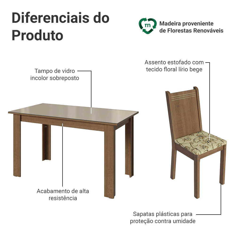 Conjunto Sala de Jantar Cereja Mesa Tampo de Vidro 6 Cadeiras Rustic/Crema/Lírio Bege Madesa - Image 4