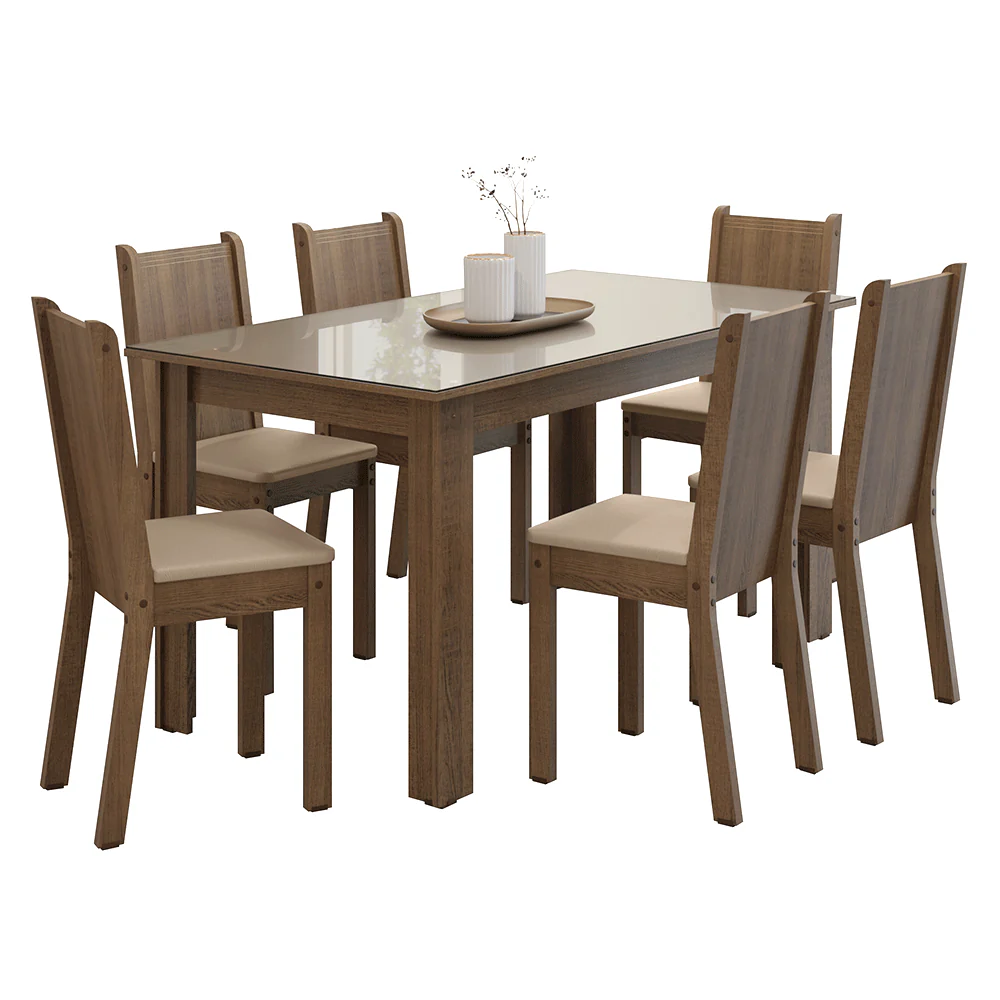 Conjunto Sala de Jantar Cereja Mesa Tampo de Vidro 6 Cadeiras Rustic/Crema/Sintético Bege Madesa - Image 2