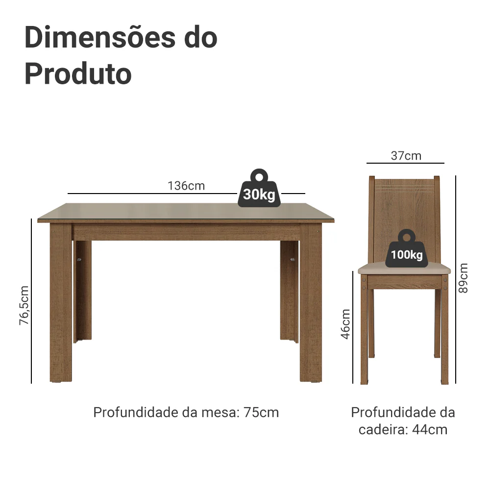 Conjunto Sala de Jantar Cereja Mesa Tampo de Vidro 6 Cadeiras Rustic/Crema/Sintético Bege Madesa - Image 3
