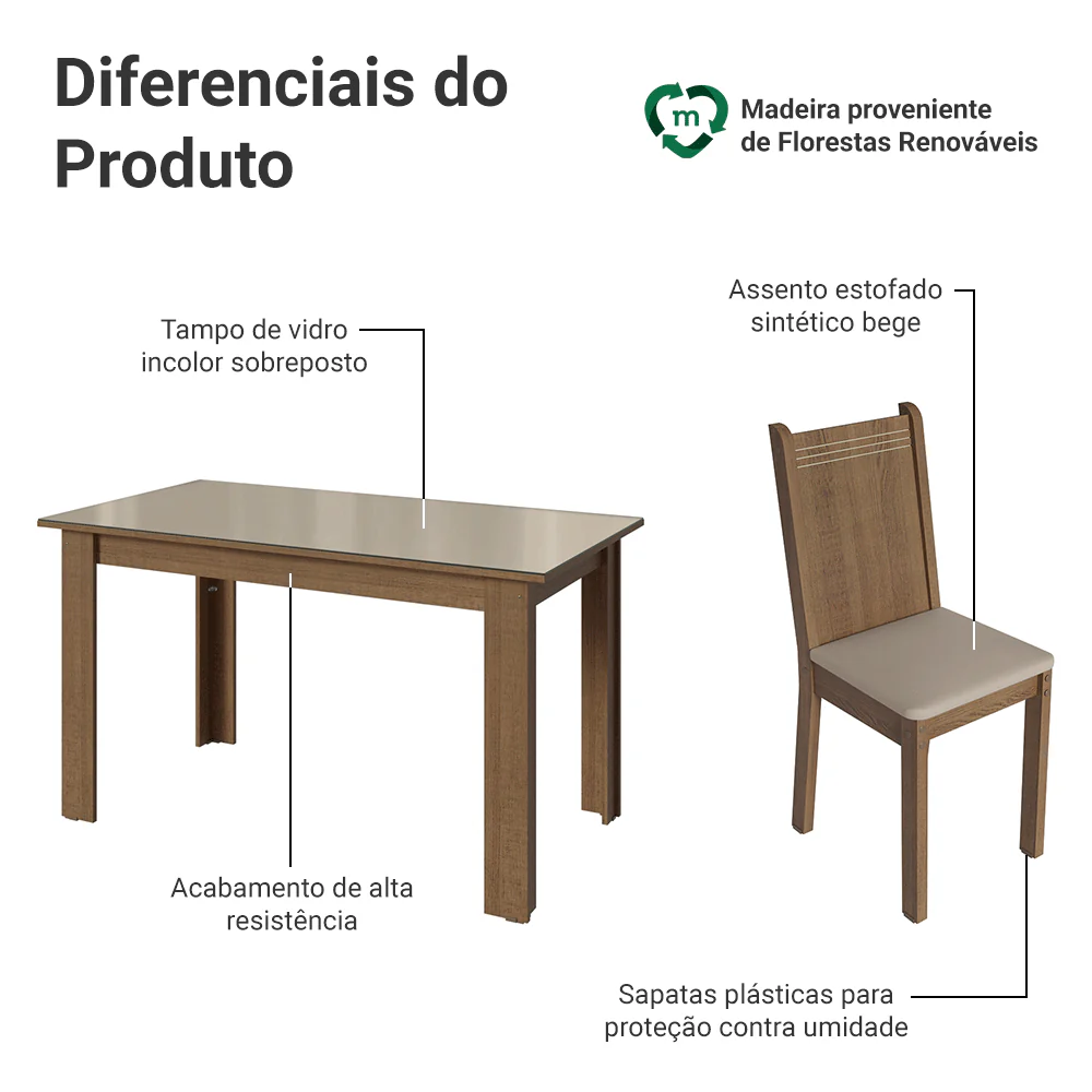 Conjunto Sala de Jantar Cereja Mesa Tampo de Vidro 6 Cadeiras Rustic/Crema/Sintético Bege Madesa - Image 4