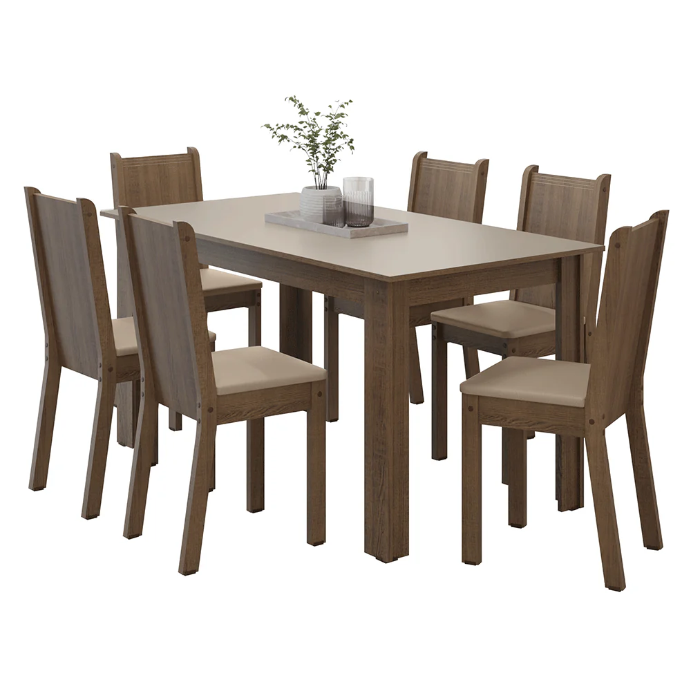 Conjunto Sala de Jantar Dolce Mesa Tampo de Madeira 6 Cadeiras Rustic/Crema/Sintético Bege Madesa - Image 2