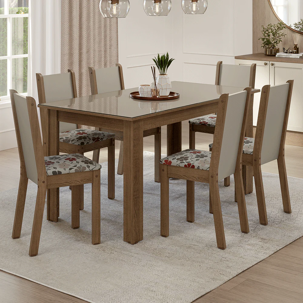 Conjunto Sala de Jantar Elóra Mesa Tampo de Vidro 6 Cadeiras Rustic/Crema/Floral Hibiscos Madesa