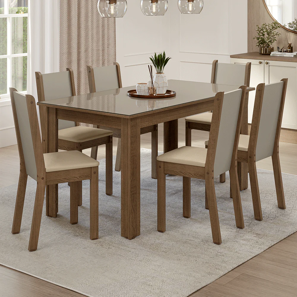 Conjunto Sala de Jantar Elóra Mesa Tampo de Vidro 6 Cadeiras Rustic/Crema/Sintético Bege Madesa