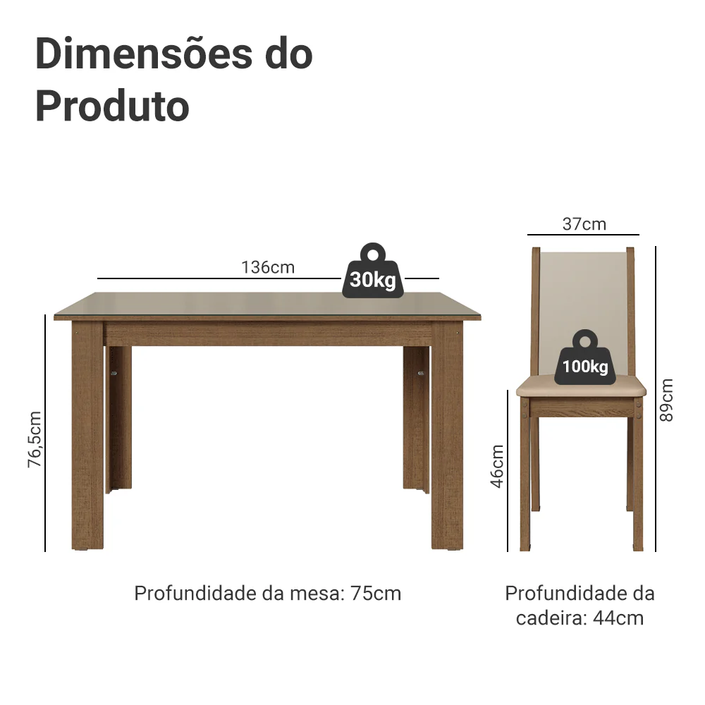Conjunto Sala de Jantar Elóra Mesa Tampo de Vidro 6 Cadeiras Rustic/Crema/Sintético Bege Madesa - Image 3