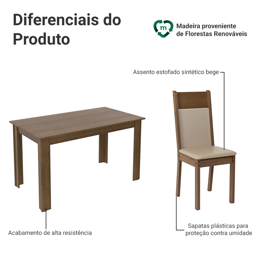 Conjunto Sala de Jantar Honduras Madesa Mesa Tampo de Madeira com 6 Cadeiras Rustic/Crema/Sintético Bege - Image 4