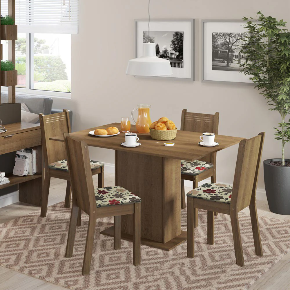 Conjunto Sala de Jantar Lexy Madesa Mesa Tampo de Madeira com 4 Cadeiras Rustic/Floral Hibiscos
