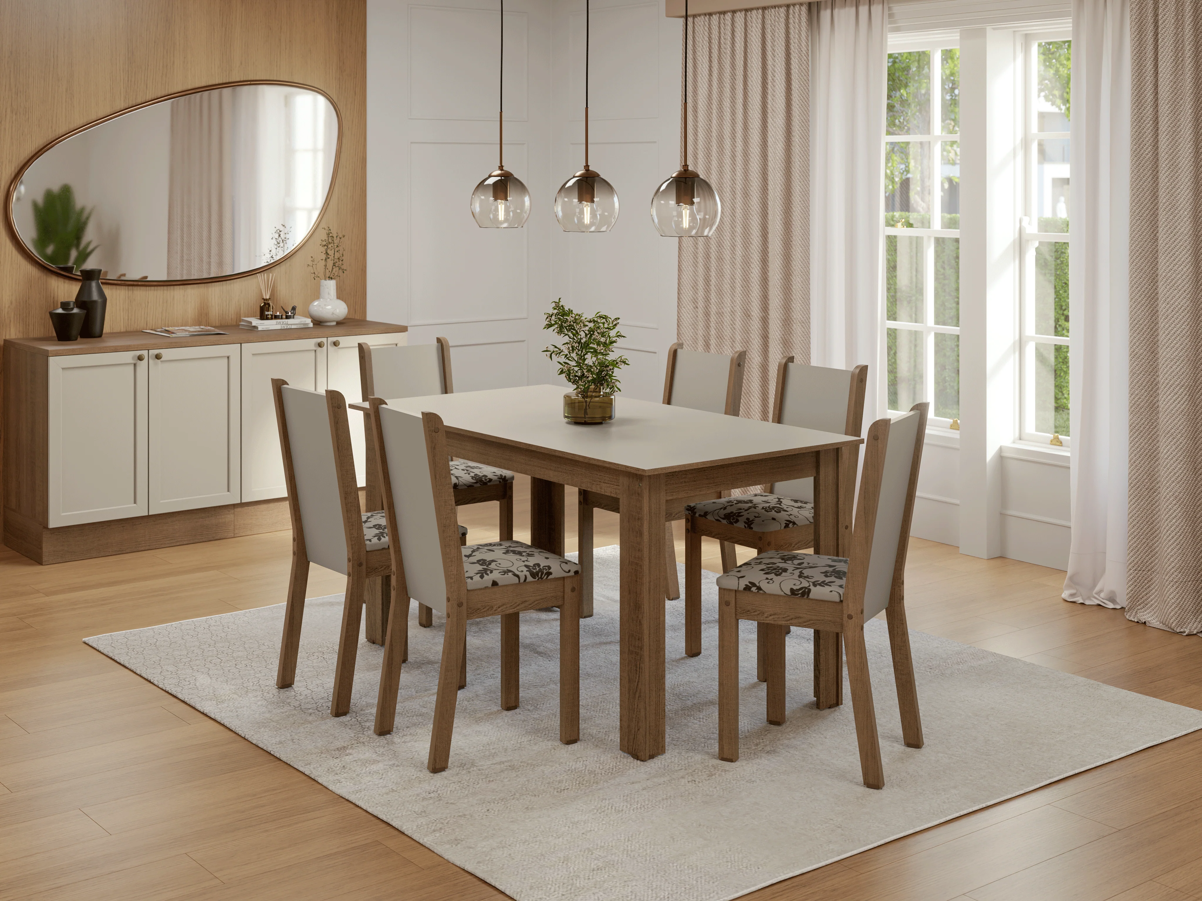 Conjunto Sala de Jantar Lucena Mesa Tampo de Madeira 6 Cadeiras Rustic/Crema/Bege Marrom Madesa - Image 11