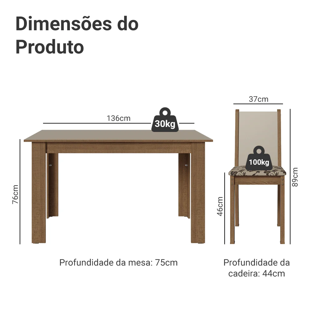 Conjunto Sala de Jantar Lucena Mesa Tampo de Madeira 6 Cadeiras Rustic/Crema/Bege Marrom Madesa - Image 3