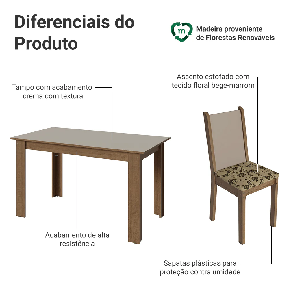 Conjunto Sala de Jantar Lucena Mesa Tampo de Madeira 6 Cadeiras Rustic/Crema/Bege Marrom Madesa - Image 4