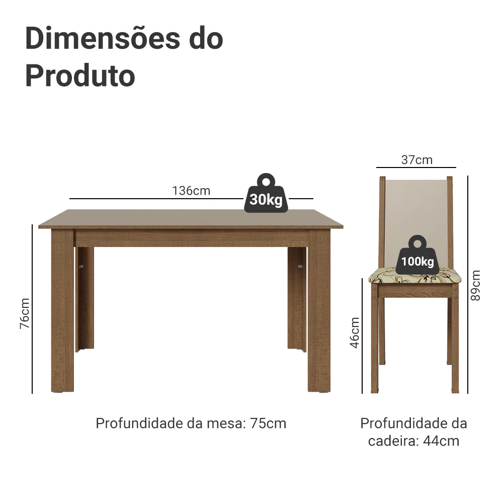 Conjunto Sala de Jantar Lucena Mesa Tampo de Madeira 6 Cadeiras Rustic/Crema/Lírio Bege Madesa - Image 3