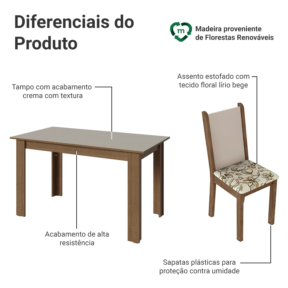 Conjunto Sala de Jantar Lucena Mesa Tampo de Madeira 6 Cadeiras Rustic/Crema/Lírio Bege Madesa - Image 4