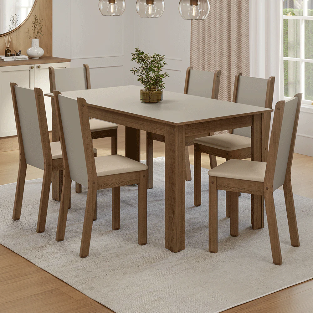 Conjunto Sala de Jantar Lucena Mesa Tampo de Madeira 6 Cadeiras Rustic/Crema/Sintético Bege Madesa