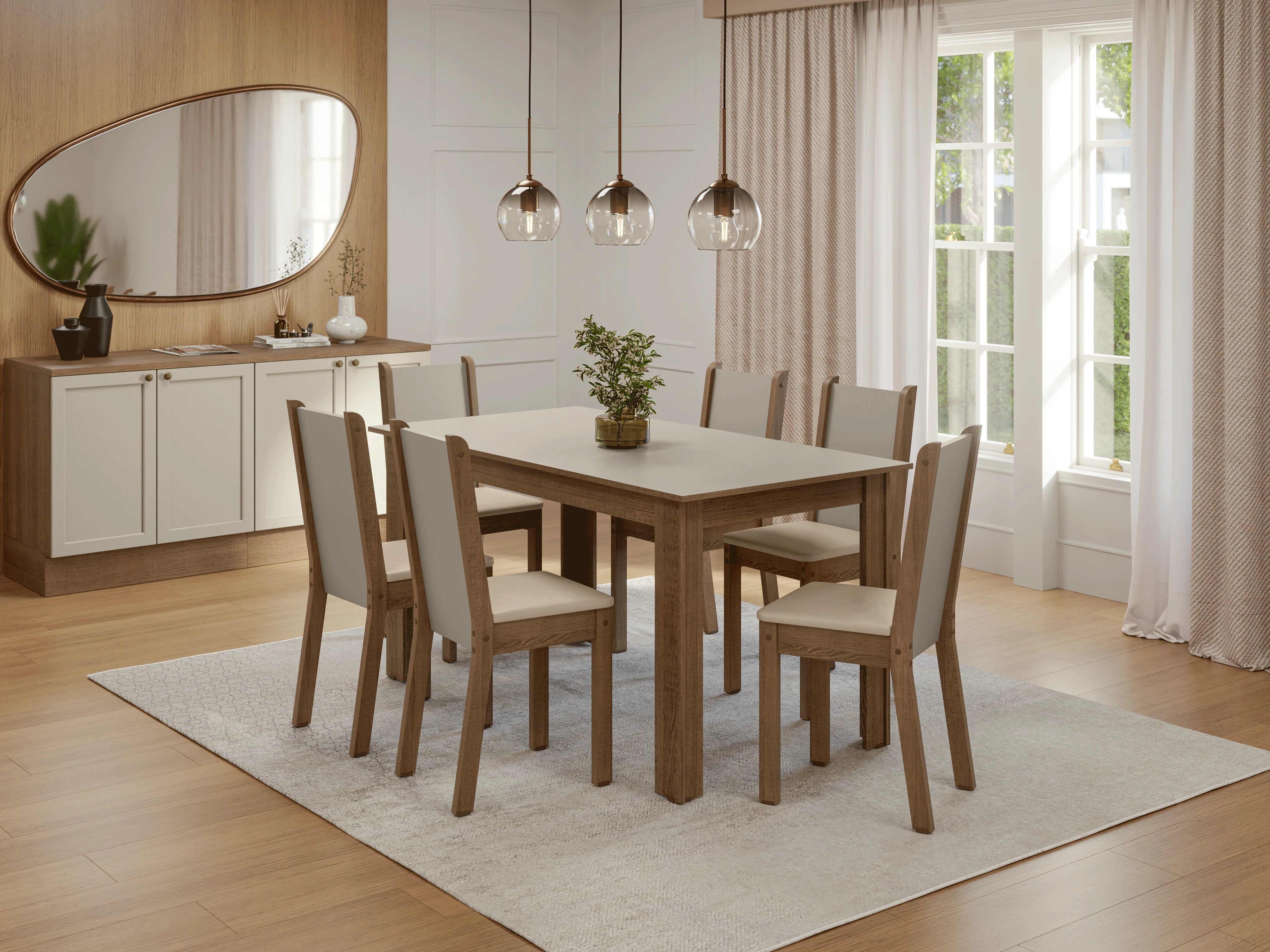 Conjunto Sala de Jantar Lucena Mesa Tampo de Madeira 6 Cadeiras Rustic/Crema/Sintético Bege Madesa - Image 11