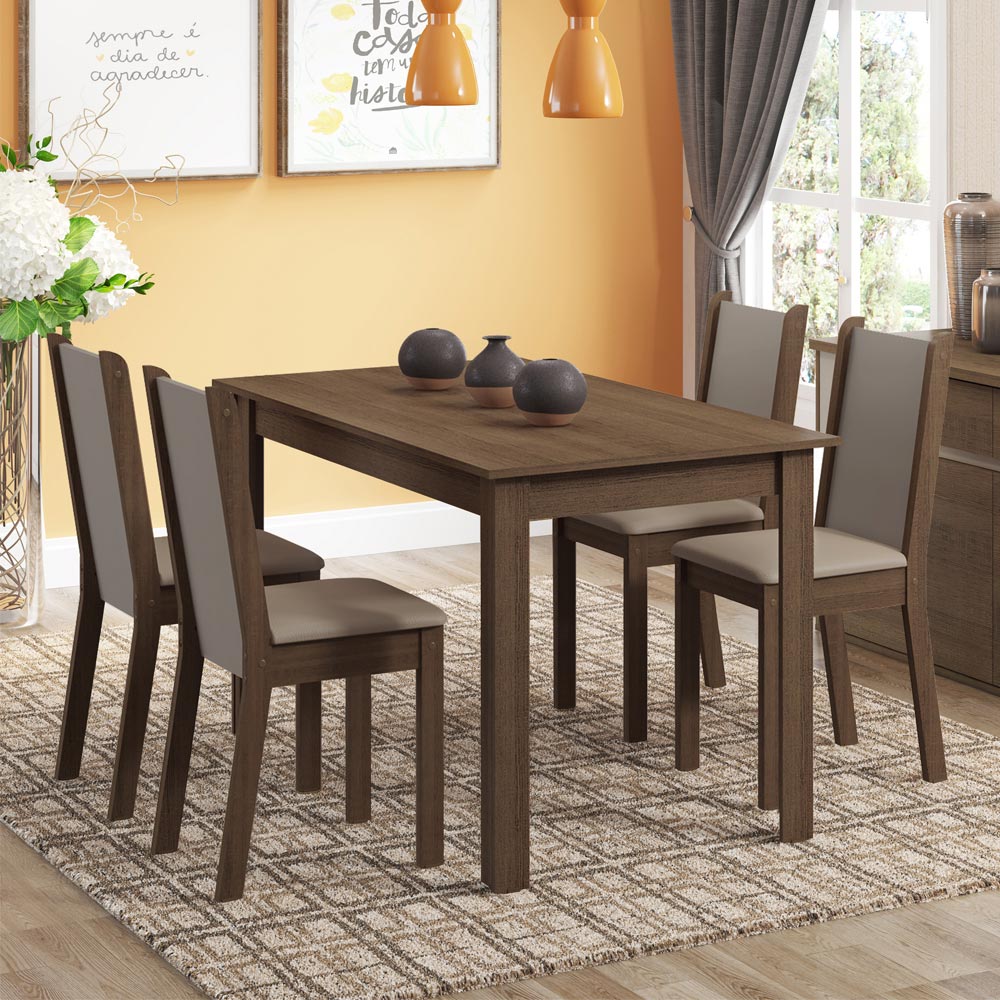 Conjunto Sala de Jantar Madesa Bea Mesa Tampo de Madeira com 4 Cadeiras Rustic/Crema/Sintético Bege