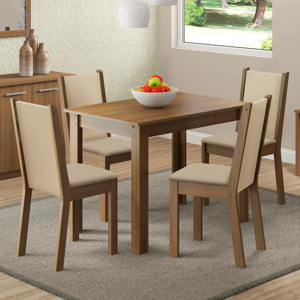 Conjunto Sala de Jantar Madesa Cíntia Mesa Tampo de Madeira com 4 Cadeiras Rustic/Crema/Sintético Bege