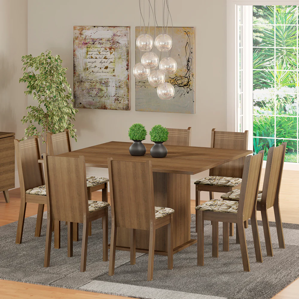 Conjunto Sala de Jantar Madesa Clarice Mesa Tampo de Madeira com 8 Cadeiras Rustic/Lírio Bege
