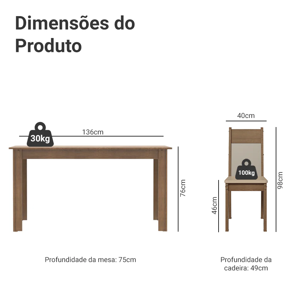 Conjunto Sala de Jantar Mesa Tampo de Madeira com 6 Cadeiras Rustic/Crema/Sintético Bege Jaíne Madesa - Image 3