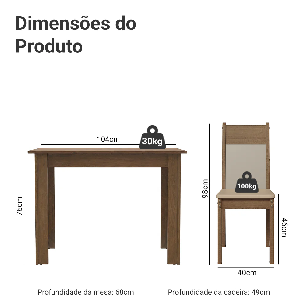 Conjunto Sala de Jantar Madesa Lola Mesa Tampo de Madeira com 2 Cadeiras Rustic/Crema/Sintético Bege - Image 3