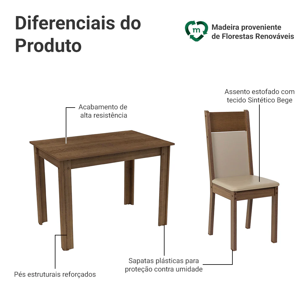 Conjunto Sala de Jantar Madesa Lola Mesa Tampo de Madeira com 2 Cadeiras Rustic/Crema/Sintético Bege - Image 4