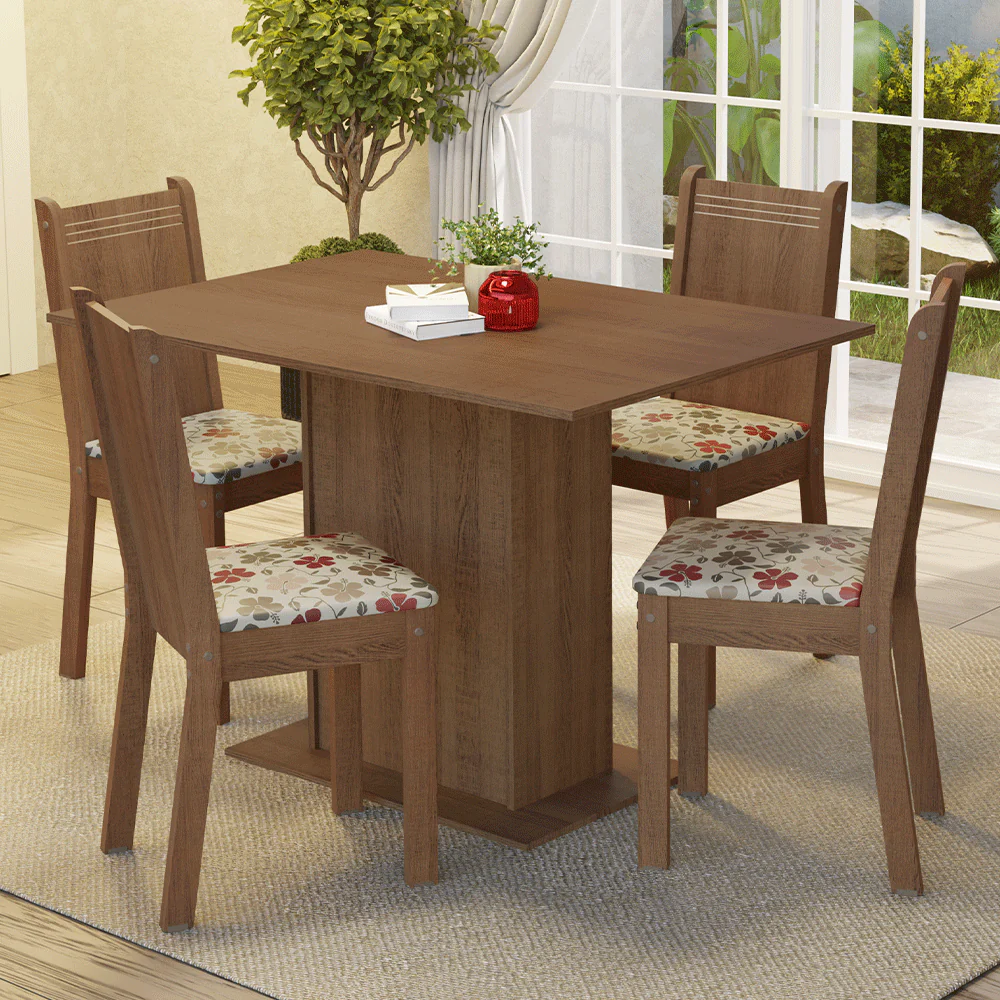 Conjunto Sala de Jantar Madesa Luana Mesa Tampo de Madeira com 4 Cadeiras Rustic/Floral Hibiscos