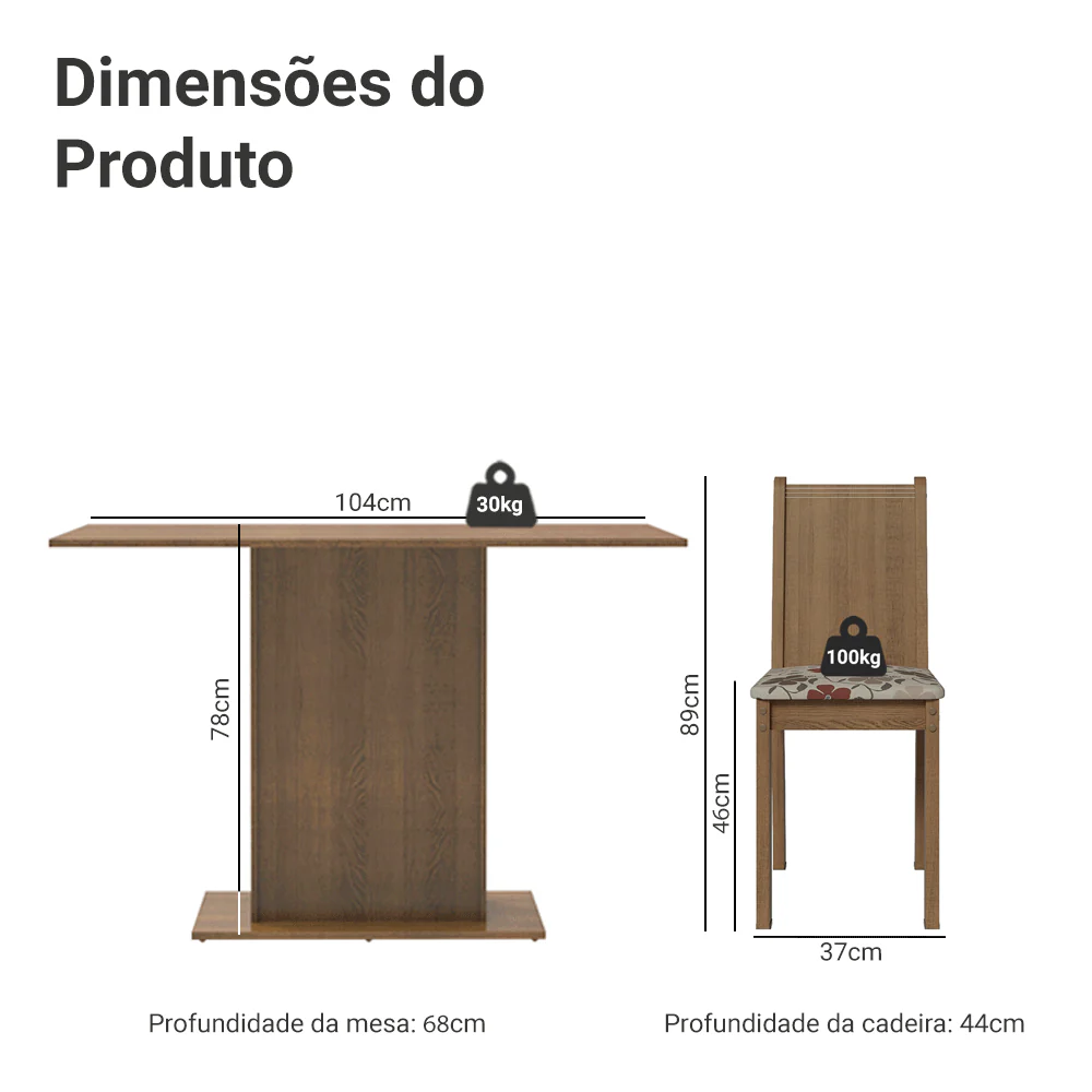 Conjunto Sala de Jantar Madesa Luana Mesa Tampo de Madeira com 4 Cadeiras Rustic/Floral Hibiscos - Image 3