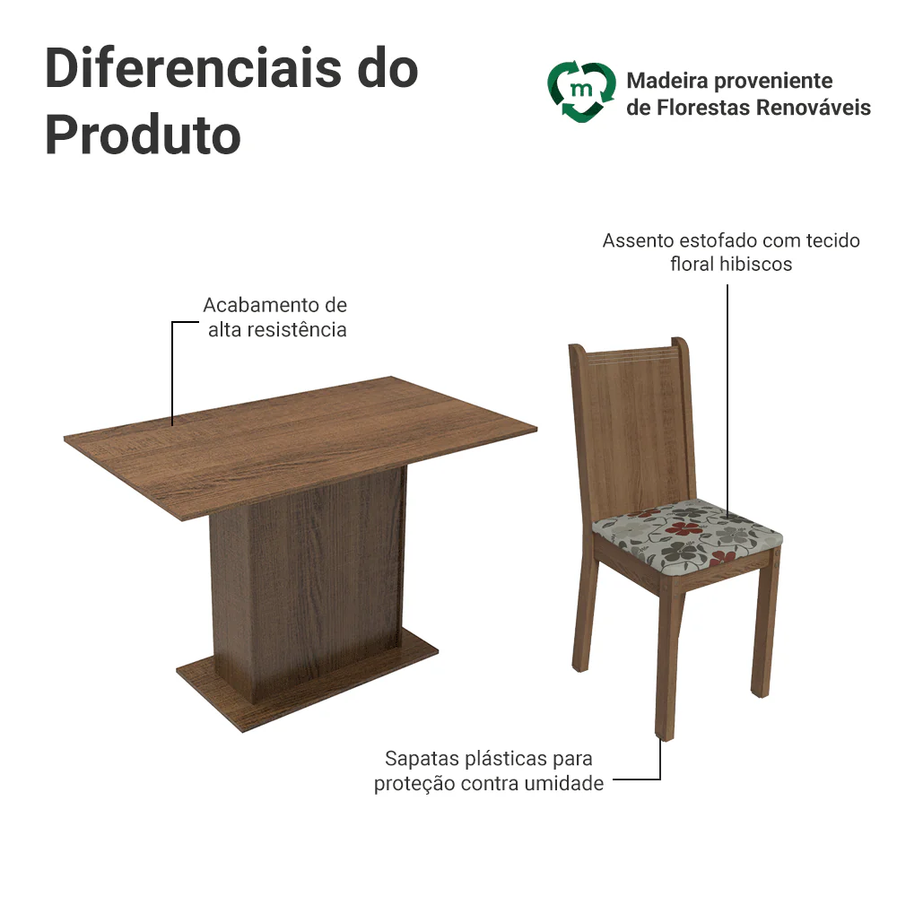Conjunto Sala de Jantar Madesa Luana Mesa Tampo de Madeira com 4 Cadeiras Rustic/Floral Hibiscos - Image 4