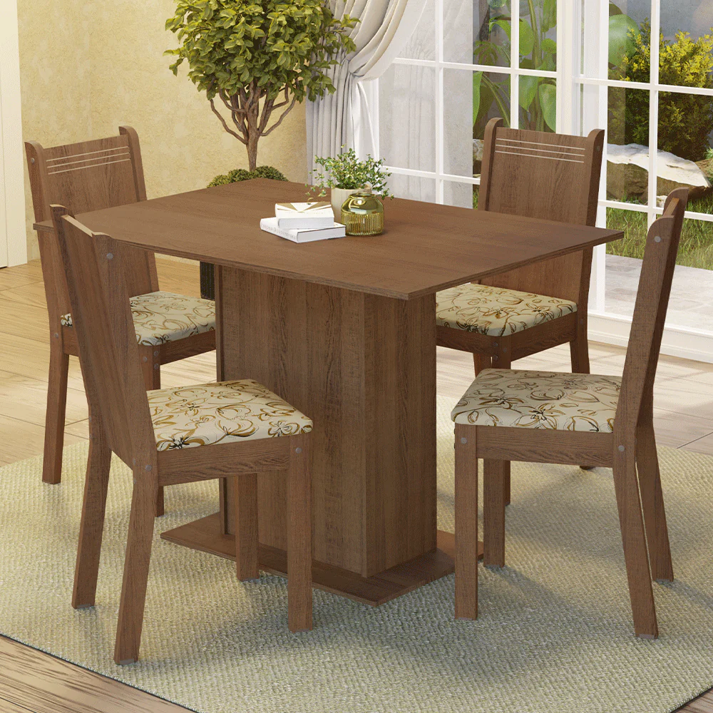 Conjunto Sala de Jantar Madesa Luana Mesa Tampo de Madeira com 4 Cadeiras Rustic/Lírio Bege