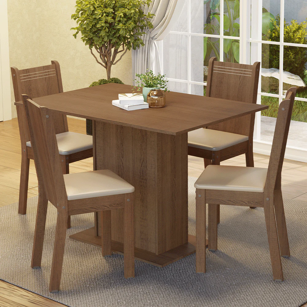 Conjunto Sala de Jantar Mesa Tampo de Madeira com 4 Cadeiras Rustic/Sintético Bege Madesa Luana