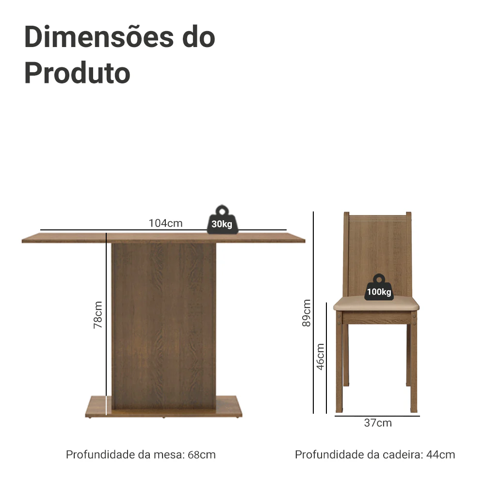Conjunto Sala de Jantar Mesa Tampo de Madeira com 4 Cadeiras Rustic/Sintético Bege Madesa Luana - Image 3