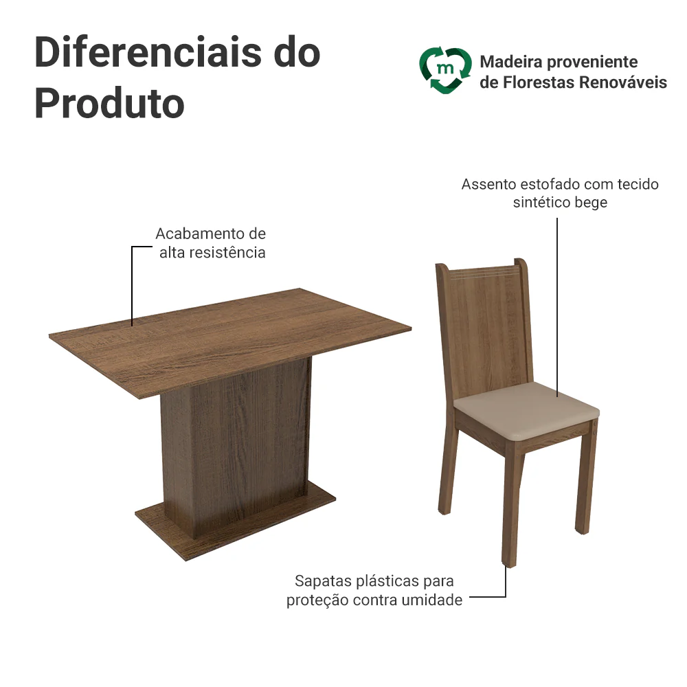 Conjunto Sala de Jantar Mesa Tampo de Madeira com 4 Cadeiras Rustic/Sintético Bege Madesa Luana - Image 4