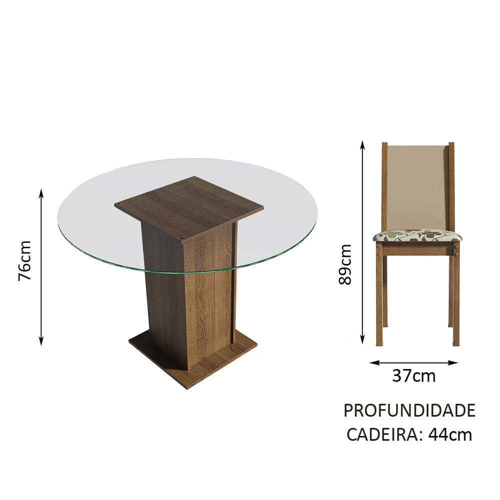 Conjunto Sala de Jantar Madesa Madu Mesa Tampo de Vidro Redondo 4 Cadeiras Rustic/Crema/Hibiscos - Image 4
