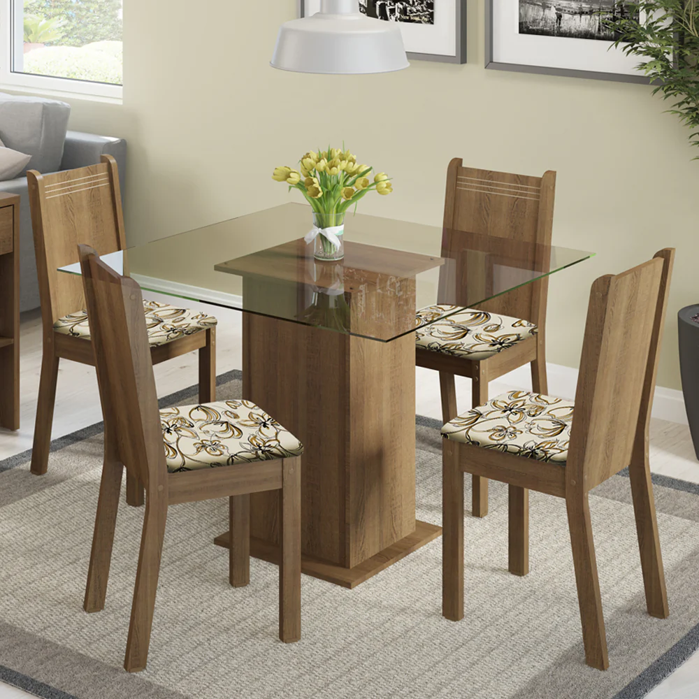 Conjunto Sala de Jantar Madesa Magda Mesa Tampo de Vidro com 4 Cadeiras Rustic/Lírio Bege